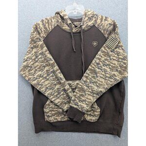 Ariat Hoodie Mens Large Brown Camo Patriot Hood Pullover Flag Patch Fleece Logo